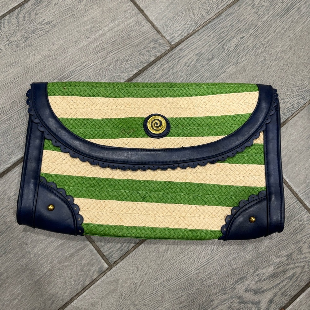 Mudpie Straw Clutch Handbag Envelope Purse Woven Blue Green Stripe Beach